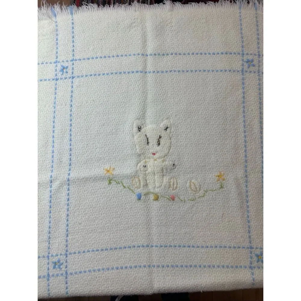 Vintage White Blue Acrylic Fringed Throw Italian Made Baby Blanket